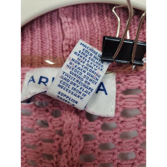 Arizona Jean Open Cardigan Fishnet Sweater Women L Pointelle Pink Pockets - Picture 11 of 11